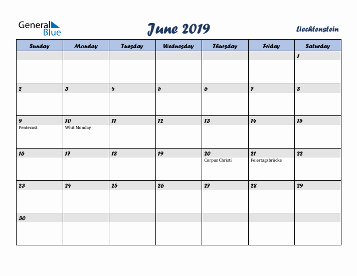 June 2019 Calendar with Holidays in Liechtenstein
