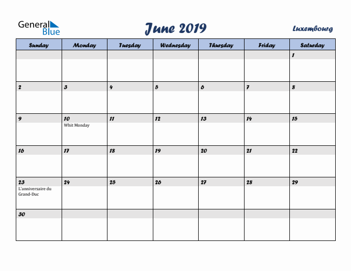 June 2019 Calendar with Holidays in Luxembourg