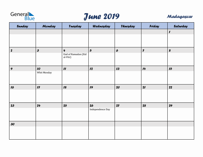 June 2019 Calendar with Holidays in Madagascar