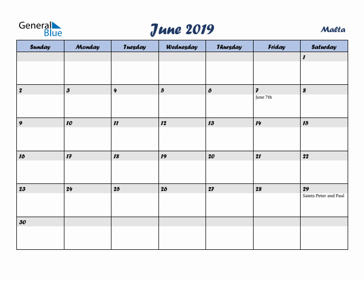 June 2019 Calendar with Holidays in Malta