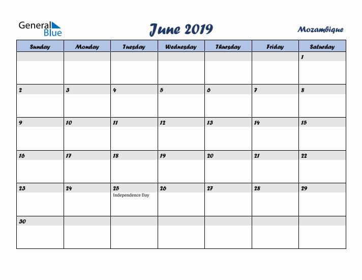 June 2019 Calendar with Holidays in Mozambique