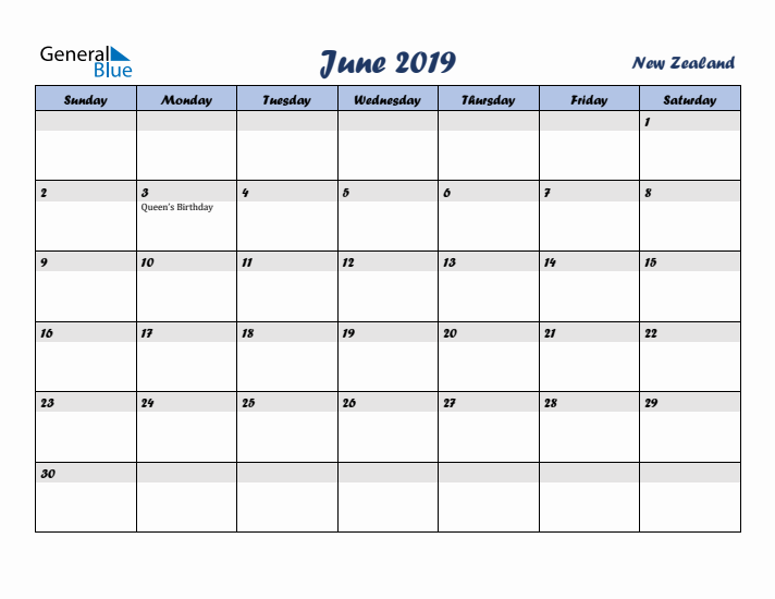 June 2019 Calendar with Holidays in New Zealand