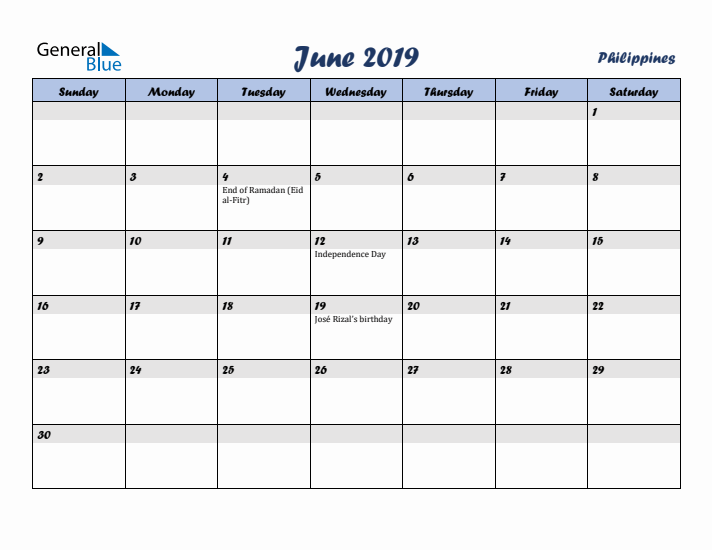 June 2019 Calendar with Holidays in Philippines