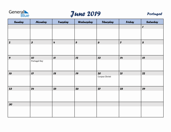 June 2019 Calendar with Holidays in Portugal
