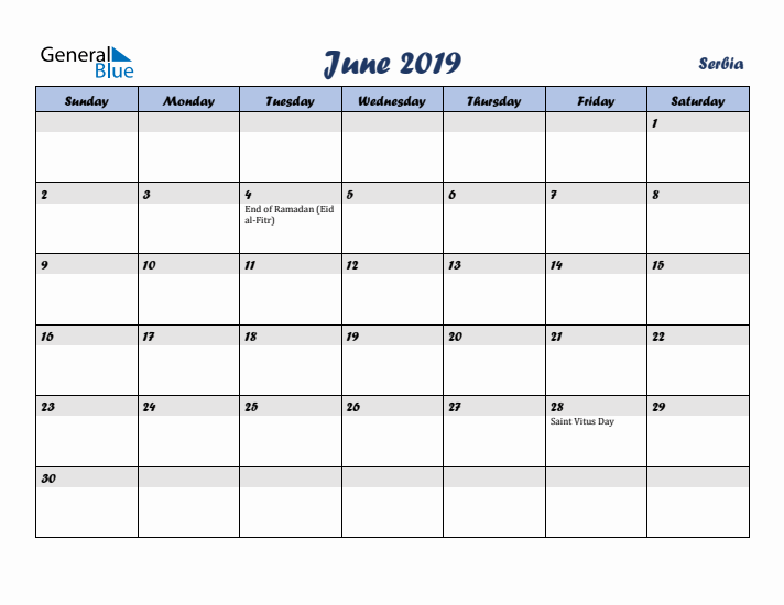 June 2019 Calendar with Holidays in Serbia