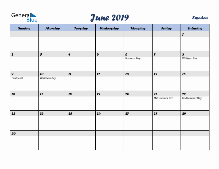June 2019 Calendar with Holidays in Sweden