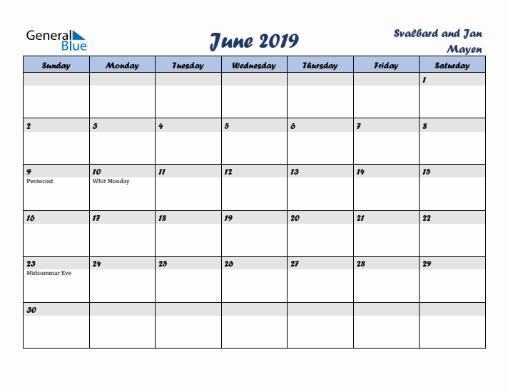 June 2019 Calendar with Holidays in Svalbard and Jan Mayen