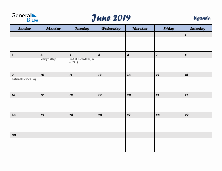 June 2019 Calendar with Holidays in Uganda