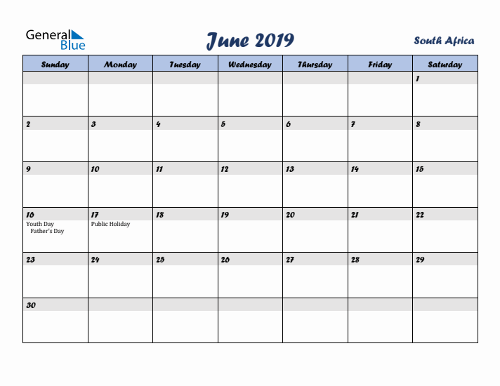 June 2019 Calendar with Holidays in South Africa