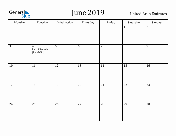 June 2019 Calendar United Arab Emirates