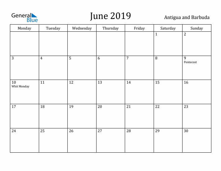 June 2019 Calendar Antigua and Barbuda
