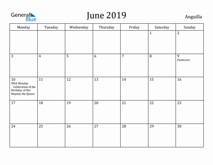 June 2019 Calendar Anguilla