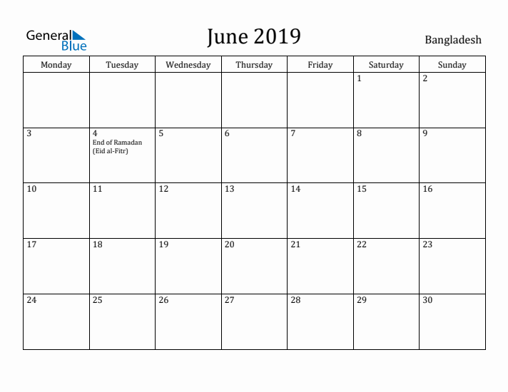June 2019 Calendar Bangladesh