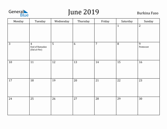 June 2019 Calendar Burkina Faso