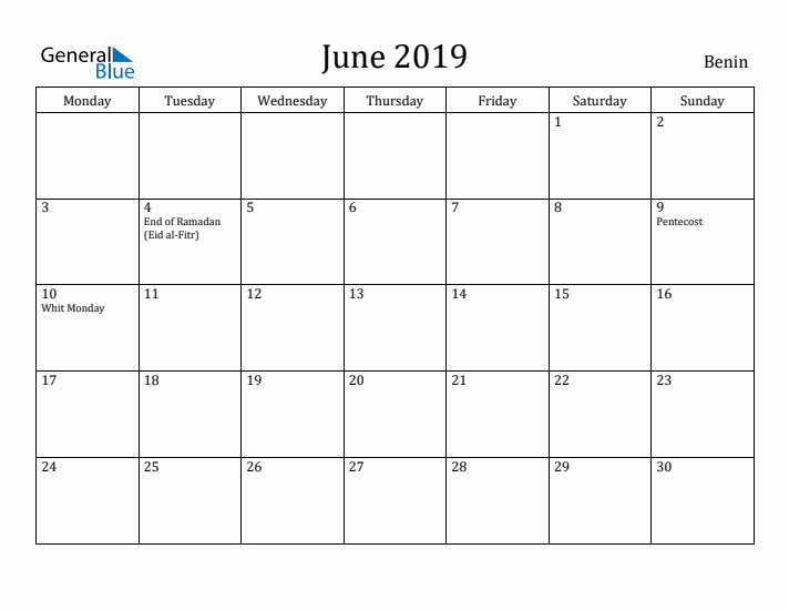 June 2019 Calendar Benin