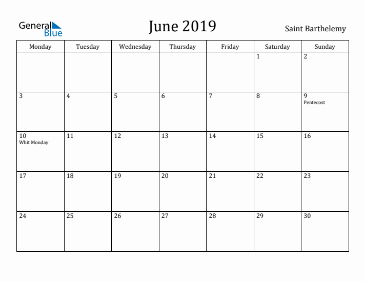 June 2019 Calendar Saint Barthelemy