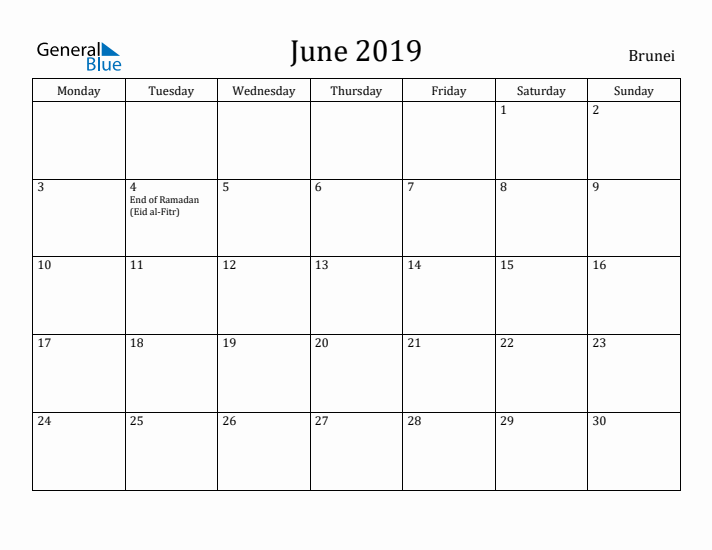June 2019 Calendar Brunei