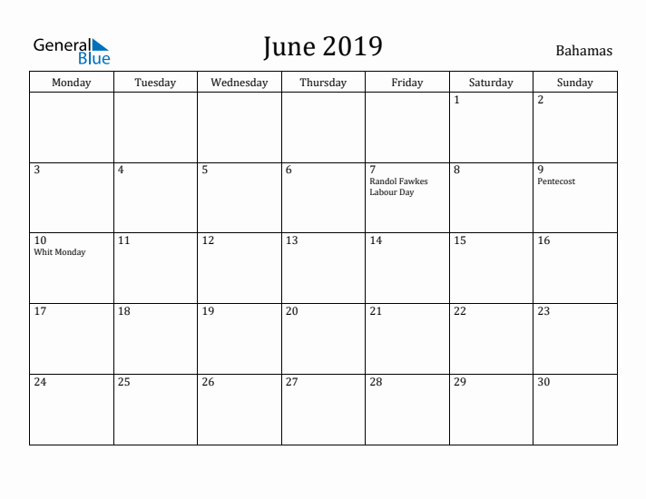 June 2019 Calendar Bahamas