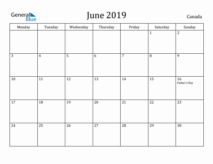 June 2019 Calendar Canada