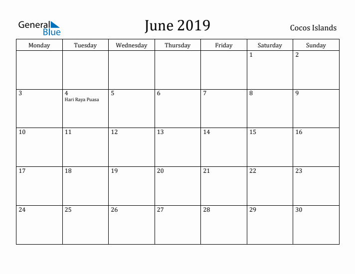June 2019 Calendar Cocos Islands