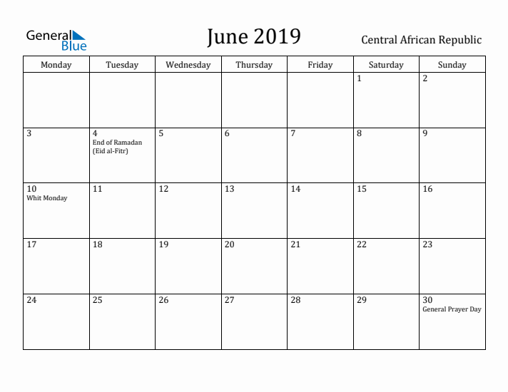 June 2019 Calendar Central African Republic