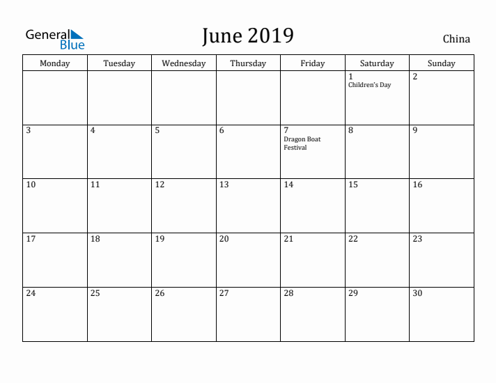 June 2019 Calendar China