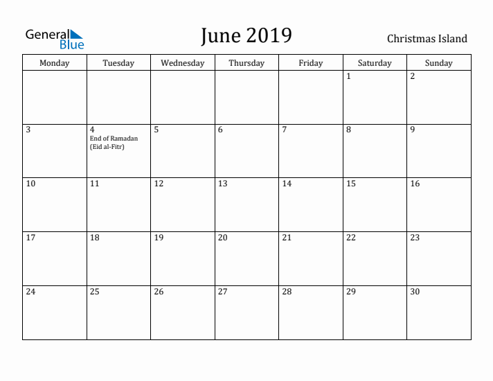 June 2019 Calendar Christmas Island