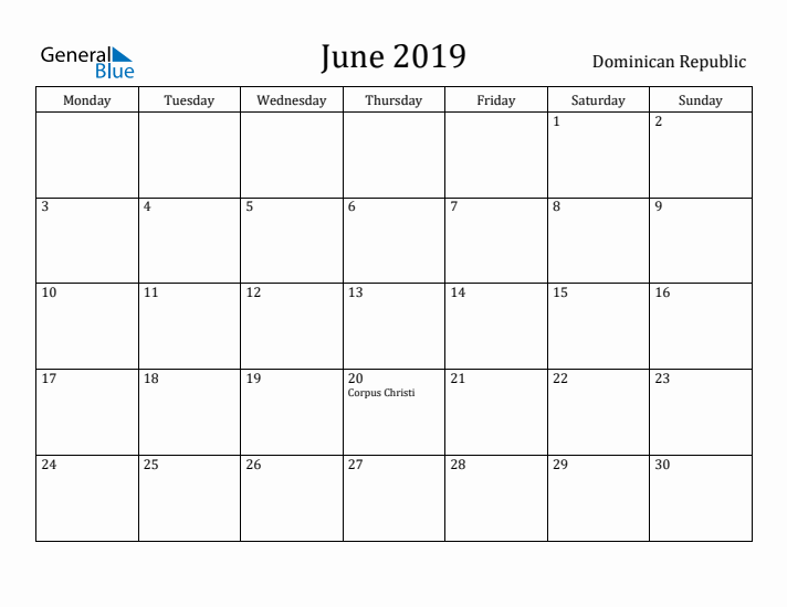 June 2019 Calendar Dominican Republic