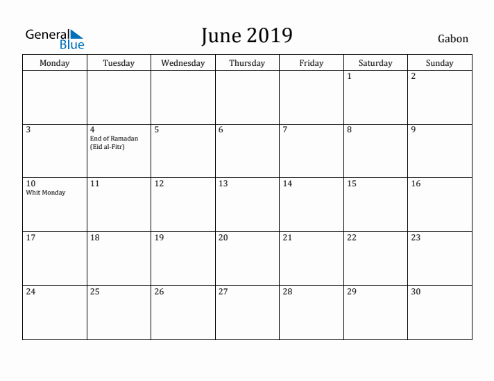 June 2019 Calendar Gabon