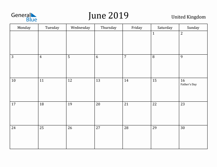 June 2019 Calendar United Kingdom