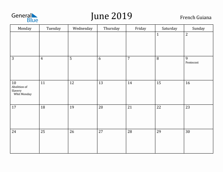 June 2019 Calendar French Guiana