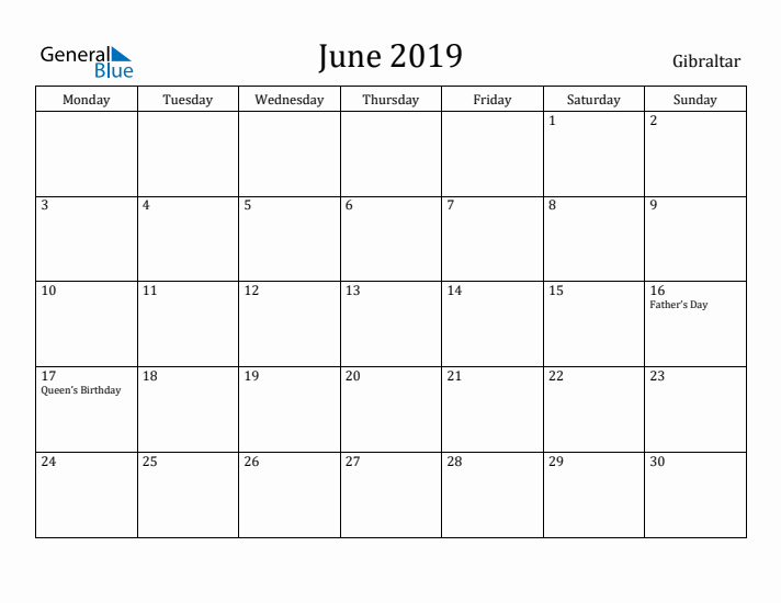 June 2019 Calendar Gibraltar
