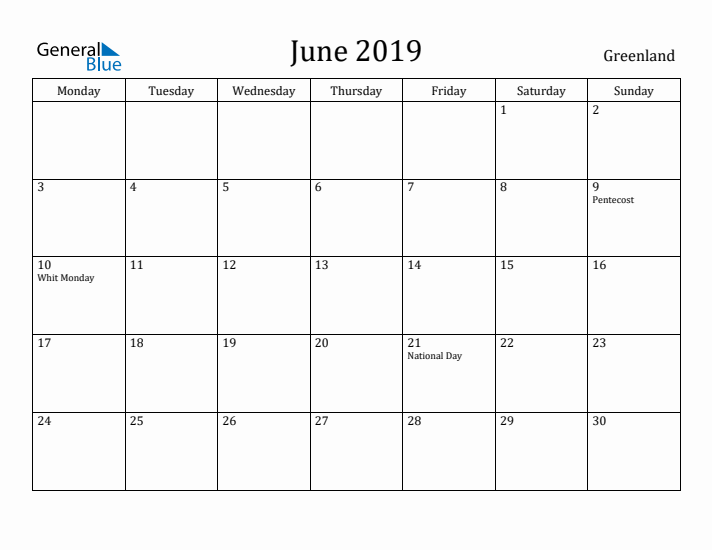 June 2019 Calendar Greenland