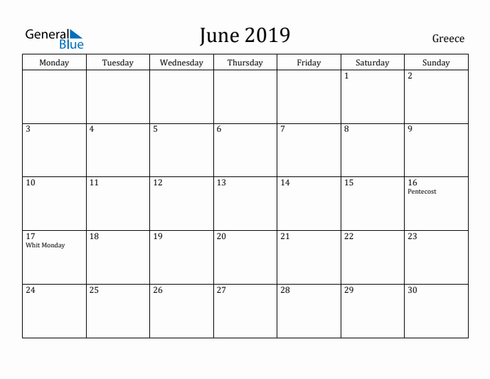 June 2019 Calendar Greece