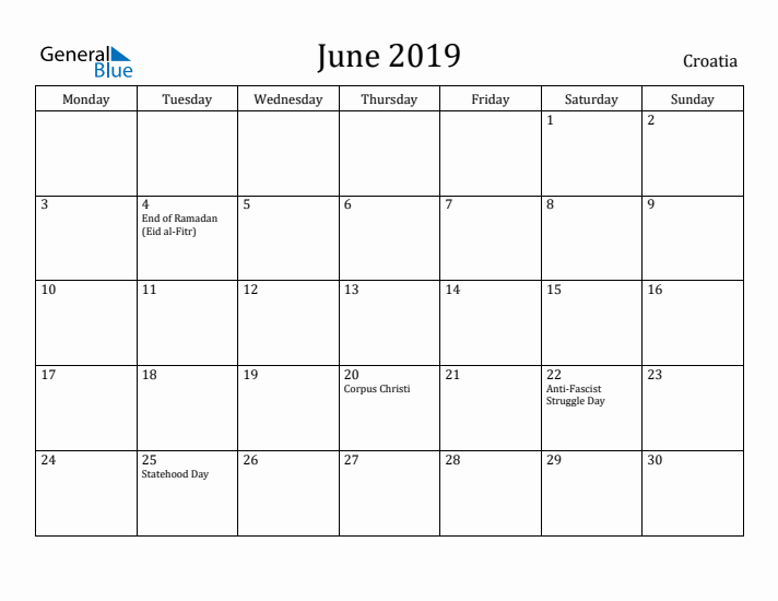 June 2019 Calendar Croatia