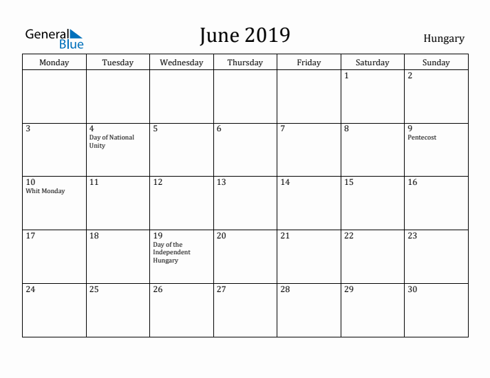 June 2019 Calendar Hungary