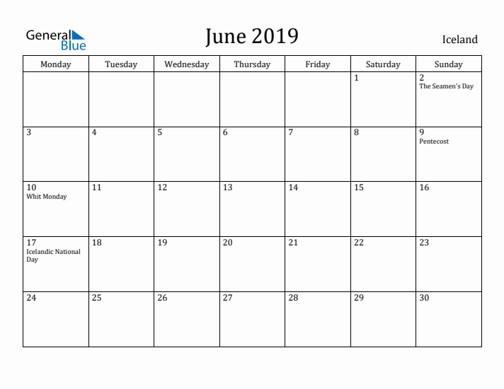 June 2019 Calendar Iceland