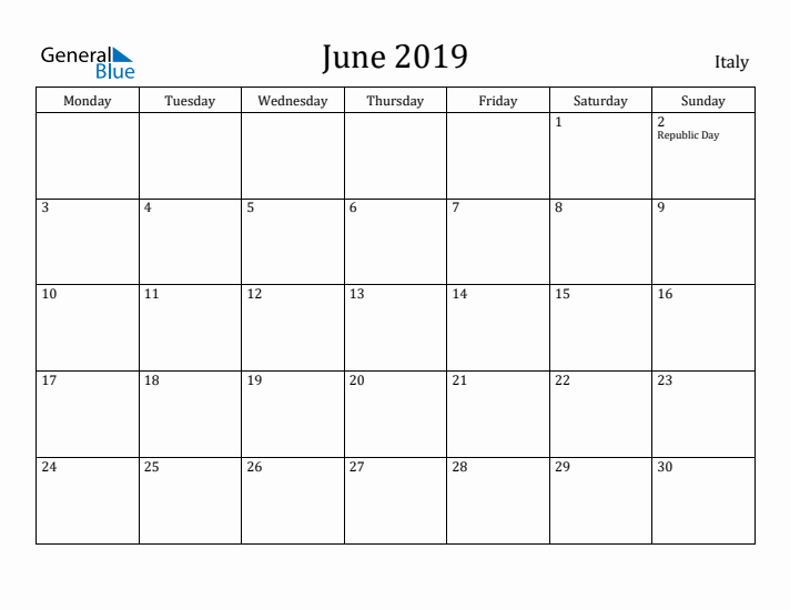 June 2019 Calendar Italy