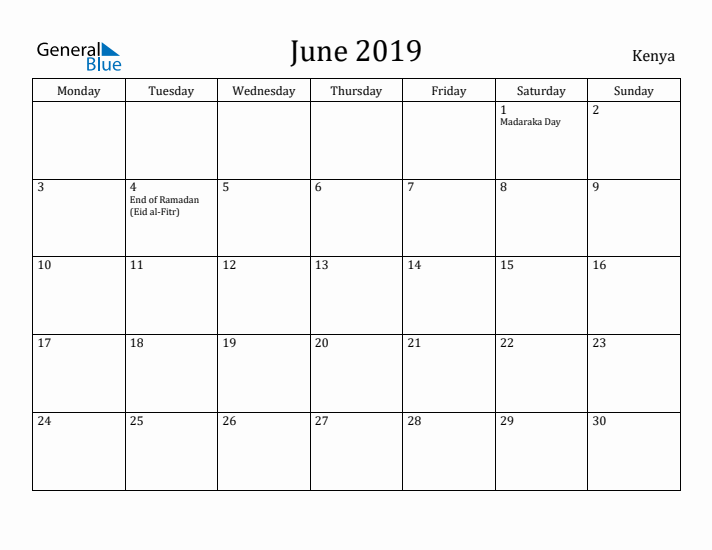 June 2019 Calendar Kenya
