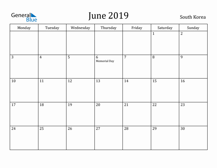 June 2019 Calendar South Korea