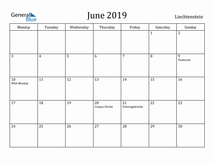 June 2019 Calendar Liechtenstein