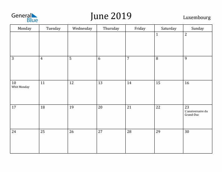 June 2019 Calendar Luxembourg