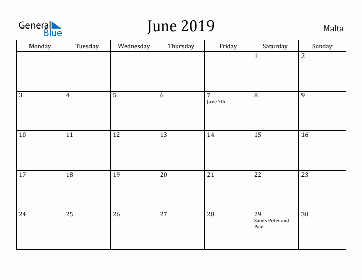 June 2019 Calendar Malta