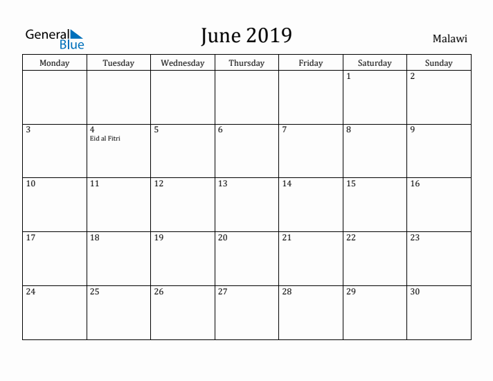 June 2019 Calendar Malawi