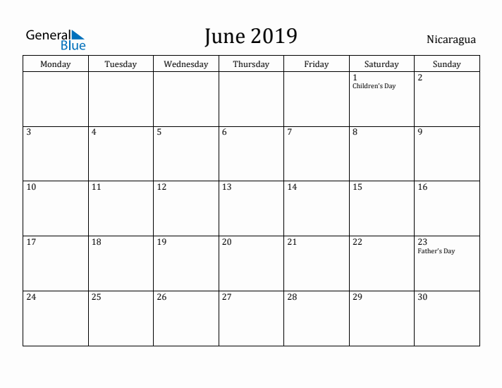 June 2019 Calendar Nicaragua