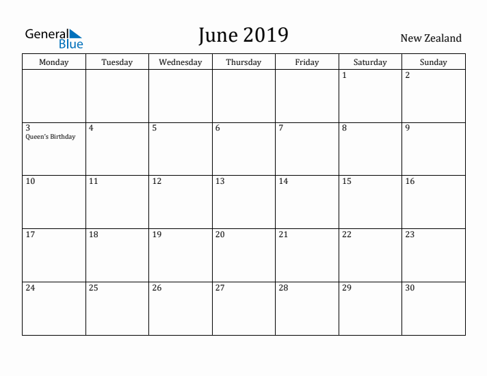 June 2019 Calendar New Zealand