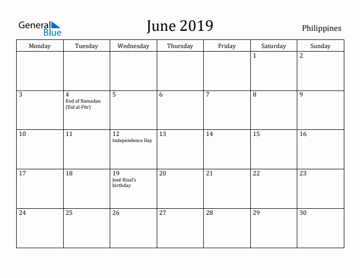 June 2019 Calendar Philippines