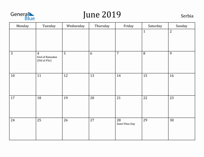 June 2019 Calendar Serbia