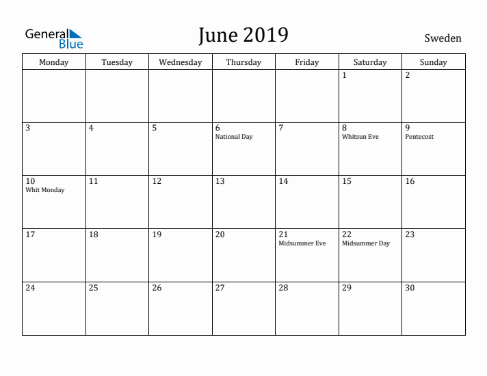 June 2019 Calendar Sweden