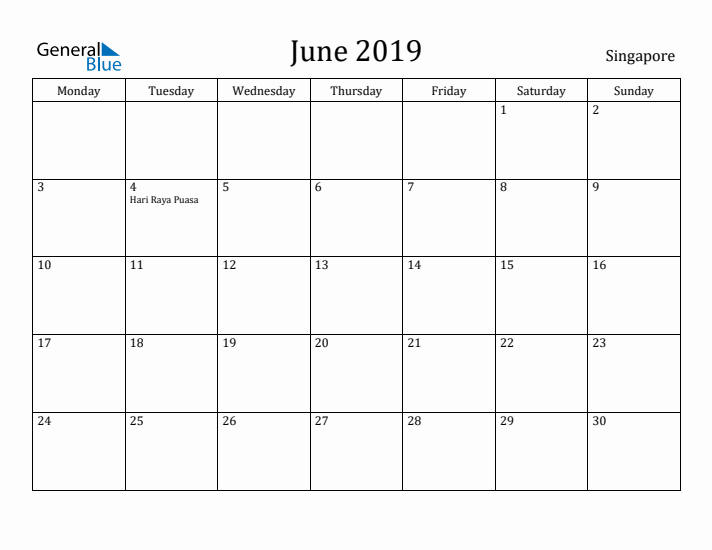 June 2019 Calendar Singapore
